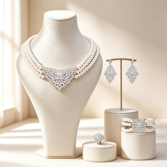 The Clover Crystal Parure — three-strand pearl necklace with V-shaped marquise CZ cluster, drop earrings, pearl bracelet, and solitaire ring on ivory velvet