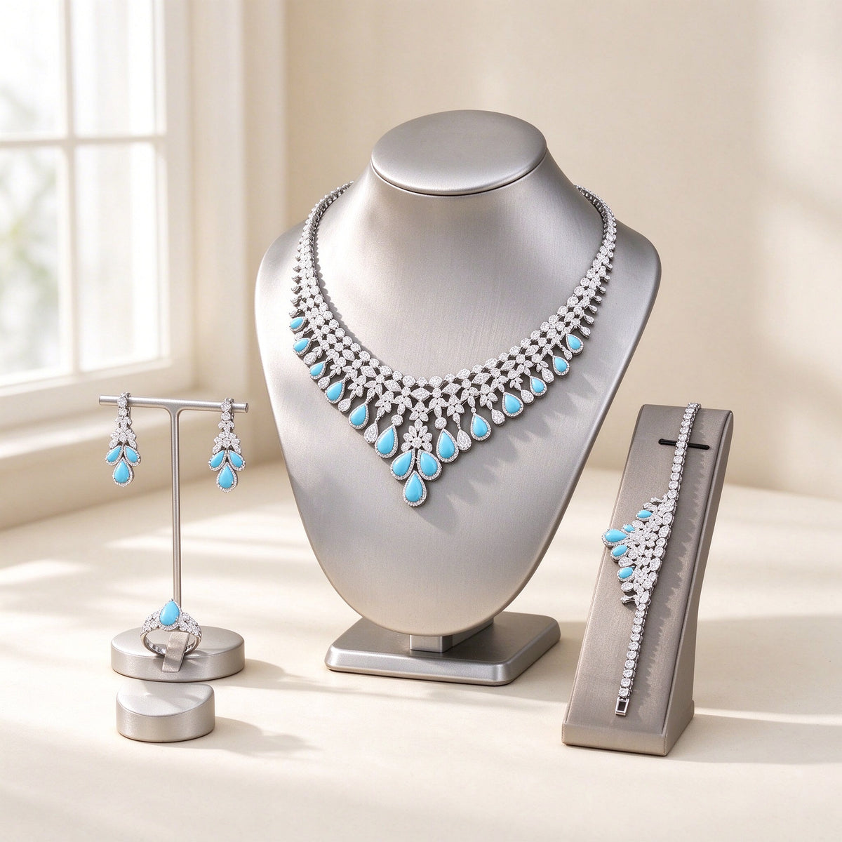 The Marlowe Wedding Suite — silver-tone floral fringe collar necklace with turquoise pear CZ drops, earrings, tennis bracelet and cluster ring on an ivory background