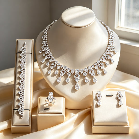 The Lily Wedding Suite four-piece cascading CZ bridal jewelry set on ivory silk