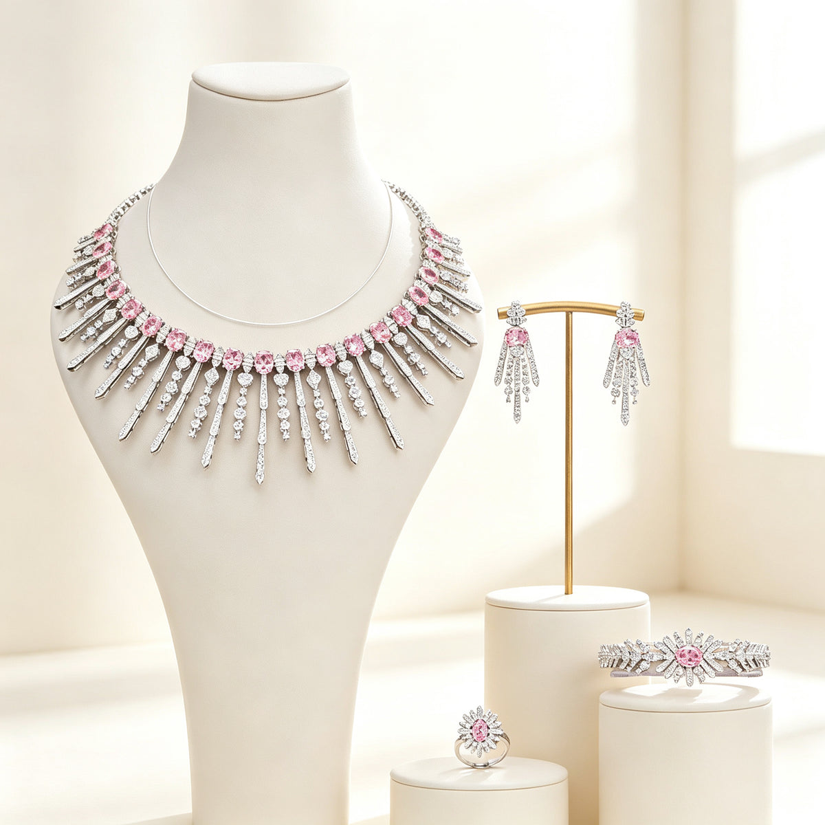 The Amara Wedding Parure — silver-tone sunburst fringe collar necklace, fringe earrings, pavé bracelet and cluster ring in pink CZ on an ivory background