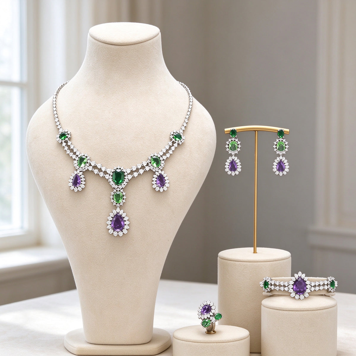 The Crown Crystal Parure silver-tone green and purple CZ four-piece necklace, earrings, brooch and ring on ivory velvet bust
