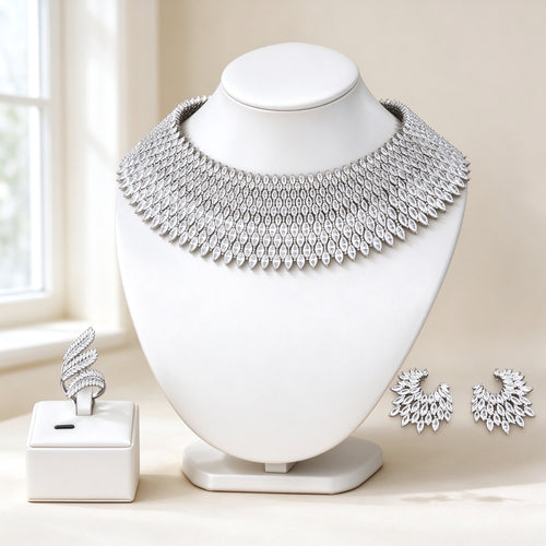 The Skye Bridal Set silver-tone marquise CZ statement necklace on ivory bust