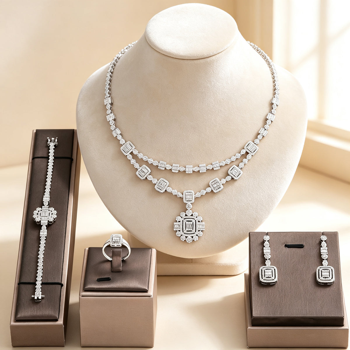 The Nadir Bridal Set — geometric Art Deco CZ two-layer necklace on cream velvet bust