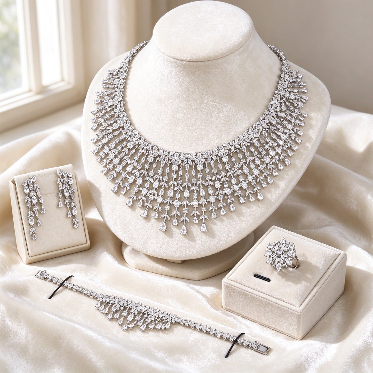 The Comet Crystal Parure — fringed CZ bib necklace, chandelier earrings, bracelet and ring in ivory styling