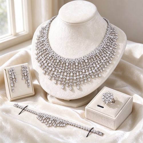The Comet Crystal Parure — fringed CZ bib necklace, chandelier earrings, bracelet and ring in ivory styling