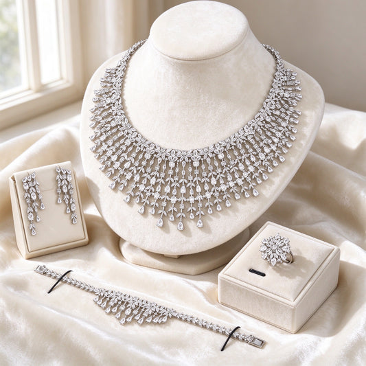 The Comet Crystal Parure — fringed CZ bib necklace, chandelier earrings, bracelet and ring in ivory styling