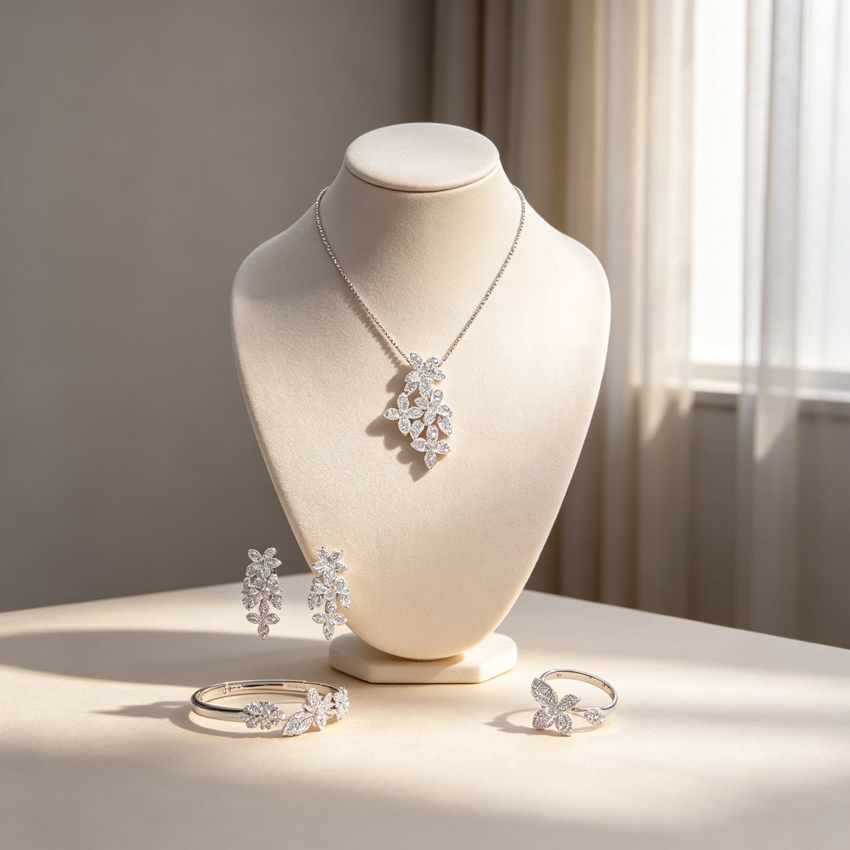 The Cosmo Bridal Parure pavé CZ floral pendant necklace on cream velvet bust stand