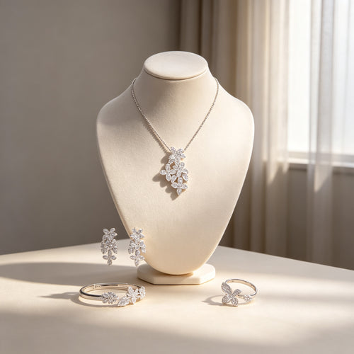 The Cosmo Bridal Parure pavé CZ floral pendant necklace on cream velvet bust stand