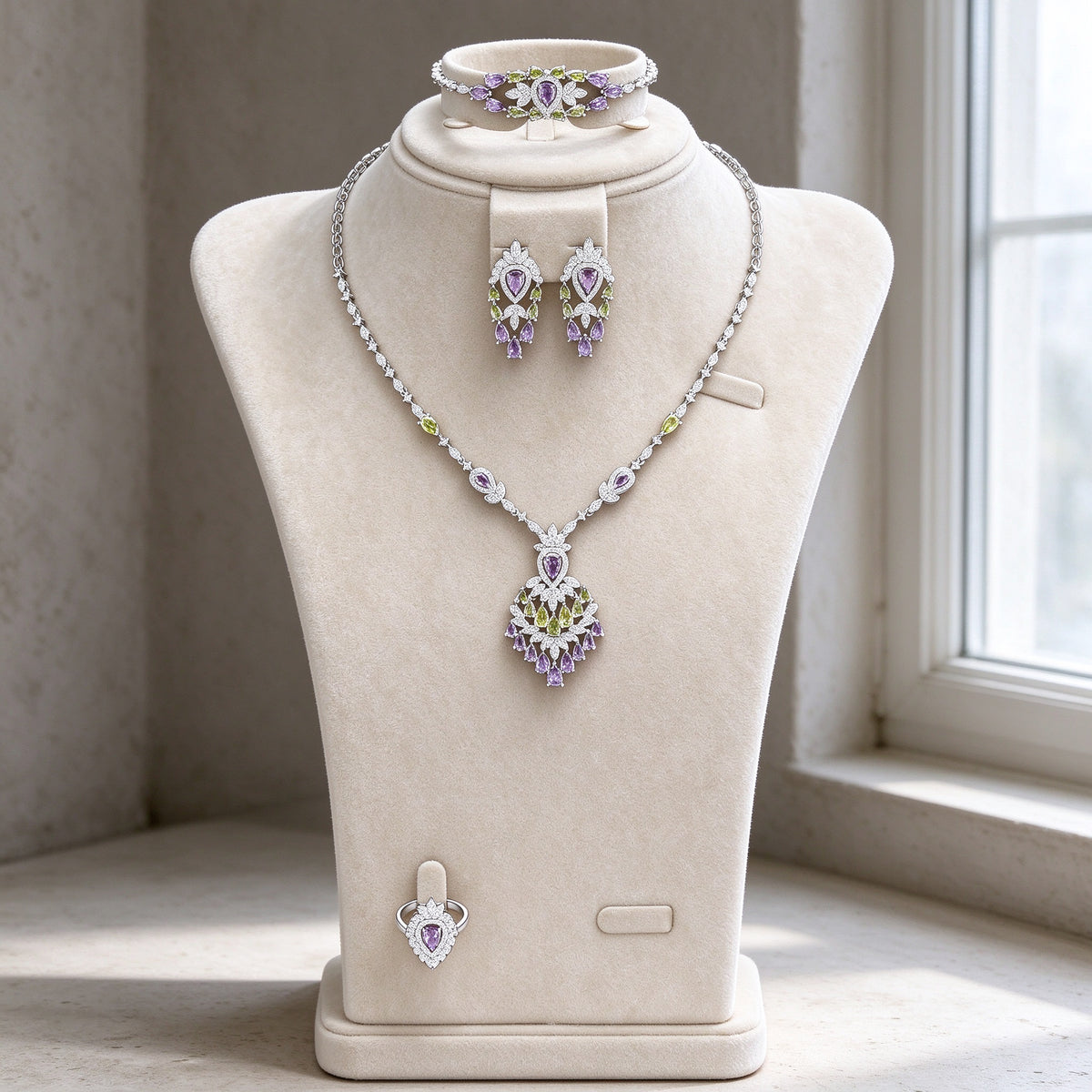 The Wheat Crystal Parure — silver-tone Y-necklace with amethyst-purple and peridot-green CZ chandelier pendant, earrings, bracelet and ring on cream velvet bust