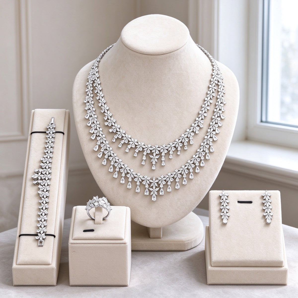 The Crest Bridal Set silver-tone cubic zirconia four-piece necklace, earrings, bracelet and ring on ivory velvet bust