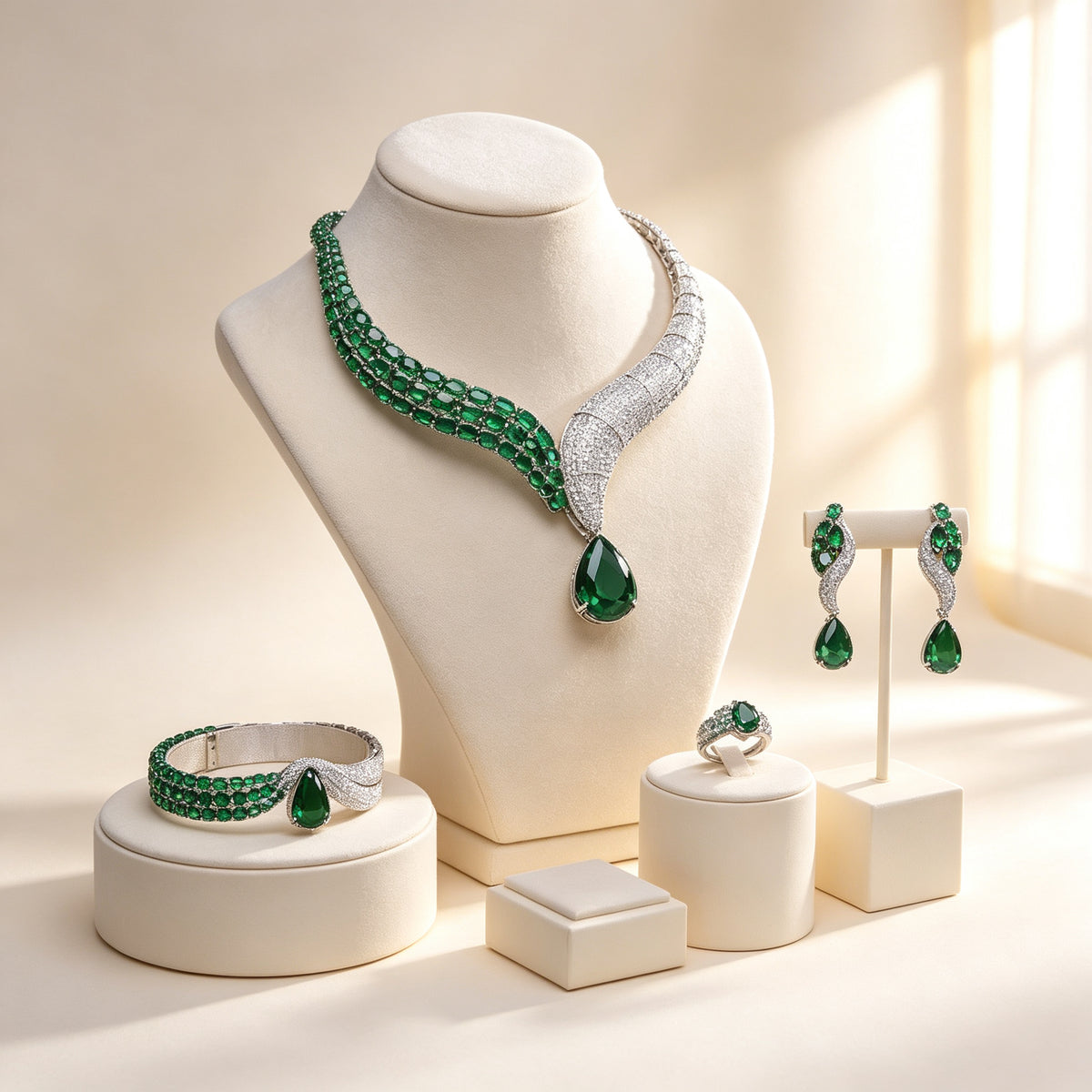 The Ophelia Crystal Parure — sculptural twisted-ribbon silver-tone necklace blending oval emerald CZ with pavé clear CZ into a green pear drop, with ribbon earrings, gradient bracelet and cluster ring