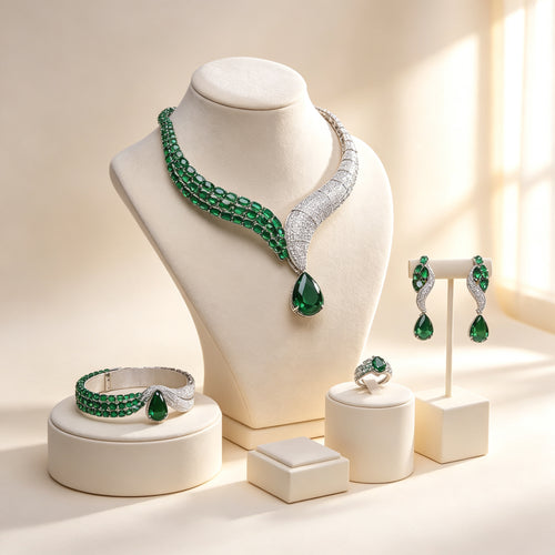 The Ophelia Crystal Parure — sculptural twisted-ribbon silver-tone necklace blending oval emerald CZ with pavé clear CZ into a green pear drop, with ribbon earrings, gradient bracelet and cluster ring