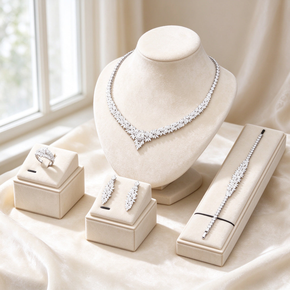 The Blair Crystal Parure - silver-tone graduated marquise CZ V-necklace on an ivory velvet bust, with earrings, tennis bracelet and leaf-cluster ring in cream boxes