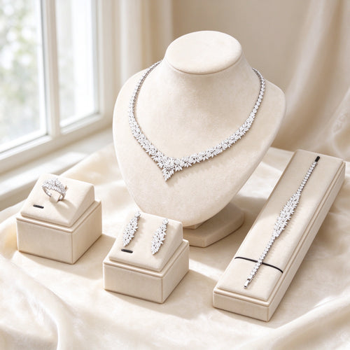 The Blair Crystal Parure - silver-tone graduated marquise CZ V-necklace on an ivory velvet bust, with earrings, tennis bracelet and leaf-cluster ring in cream boxes