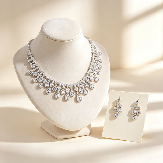 The Rosalie Bridal Set — silver-tone graduated pear teardrop CZ bib necklace on an ivory velvet bust with chandelier drop earrings on a cream card