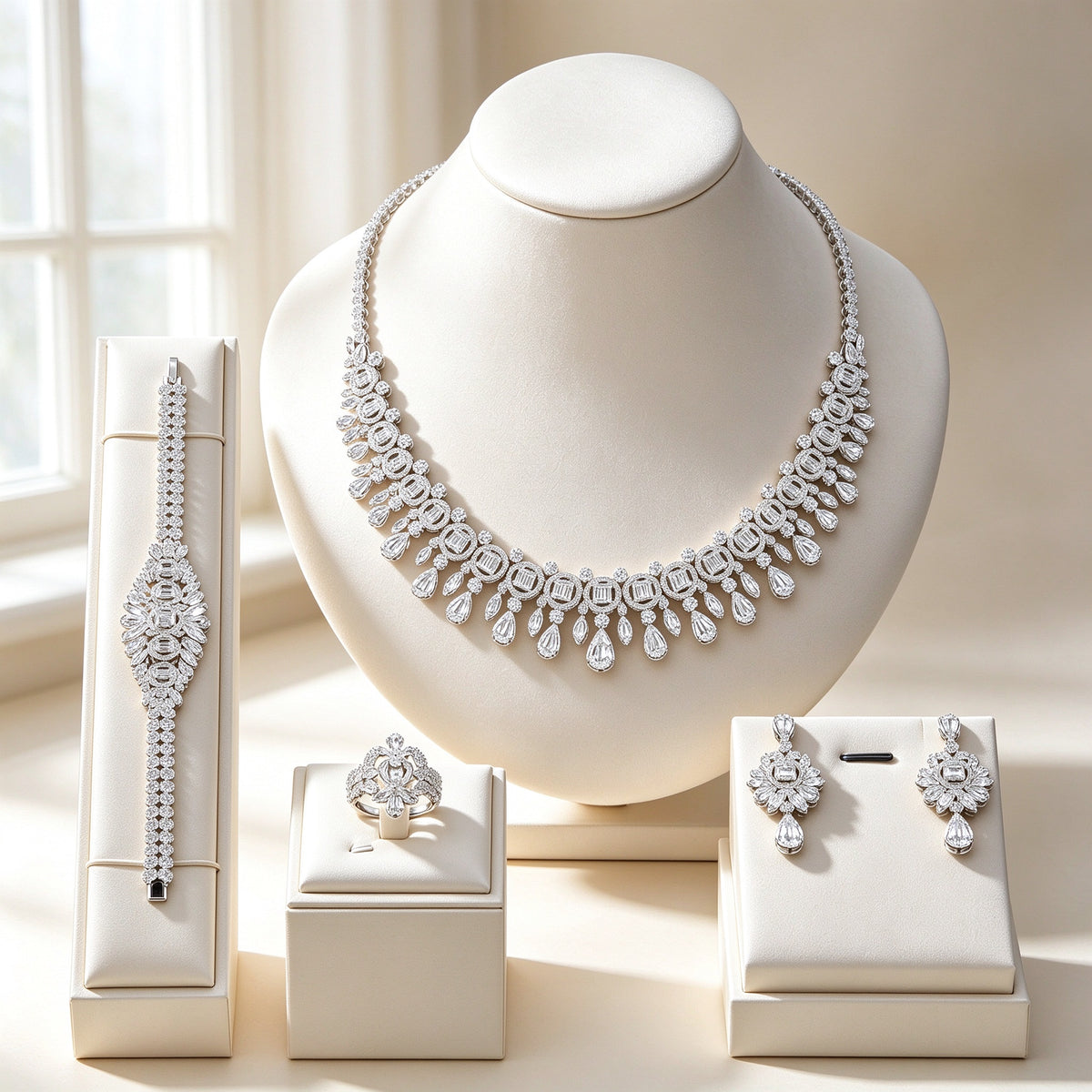 The Vine Wedding Parure four-piece silver CZ bridal set on an ivory velvet bust