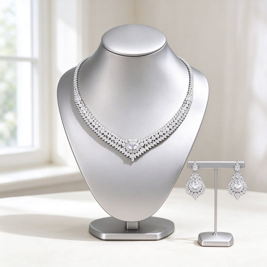 The Sutton Bridal Parure — silver-tone V-shaped collar necklace with oval CZ baguette sunburst center and matching teardrop chandelier earrings on an ivory background