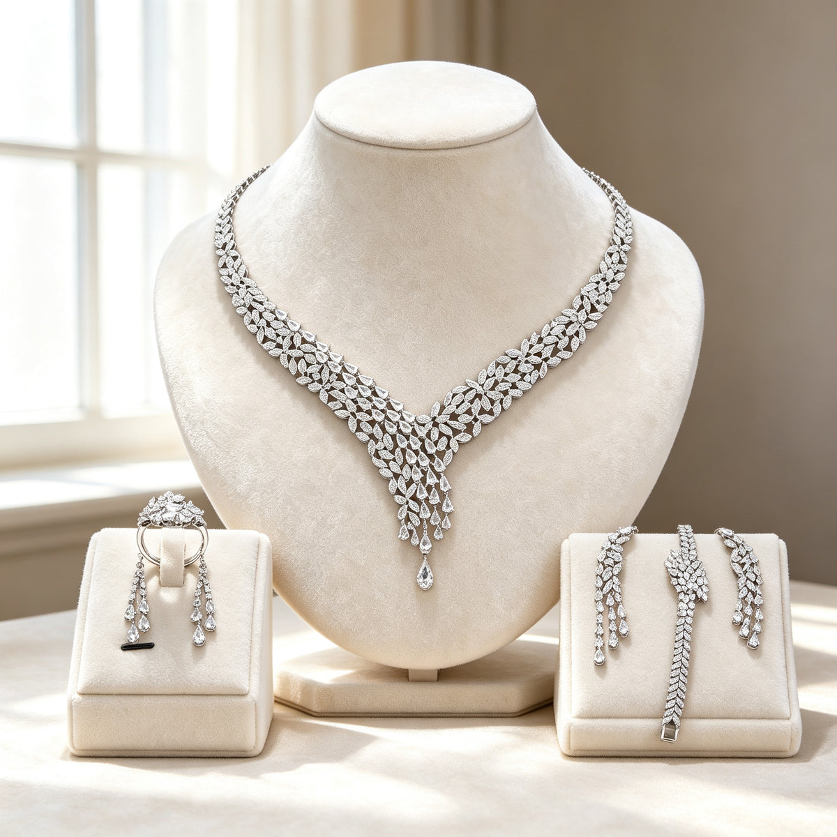 The Peony Bridal Set — silver-tone cubic zirconia V-necklace with teardrop fringe, drop earrings, bracelet and ring on ivory velvet