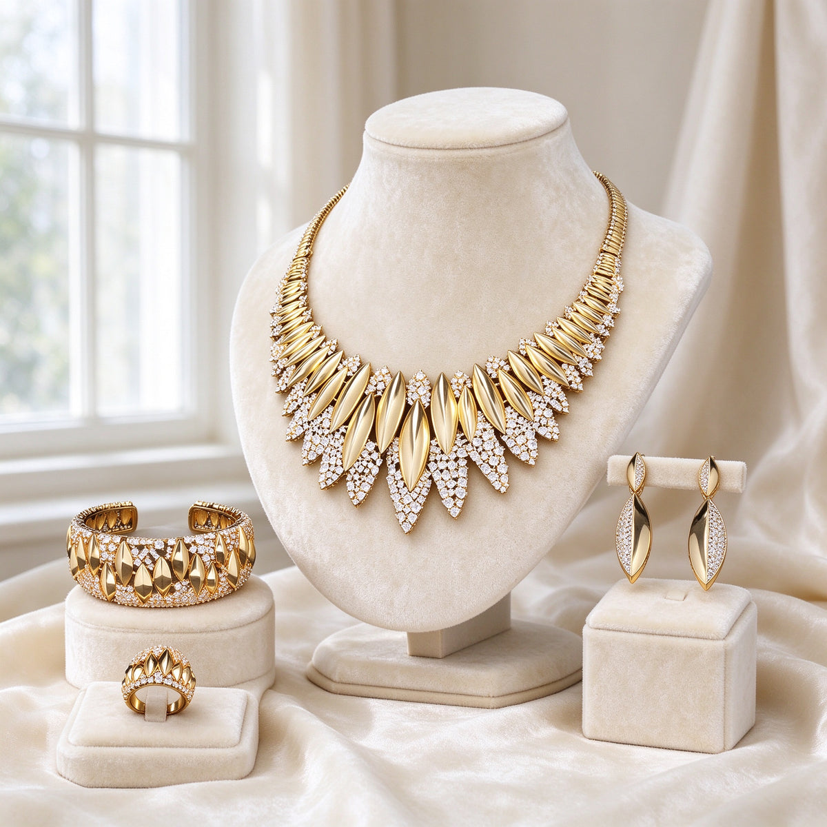 The Ivy Bridal Parure — gold-tone leaf-motif CZ bridal set on cream velvet bust