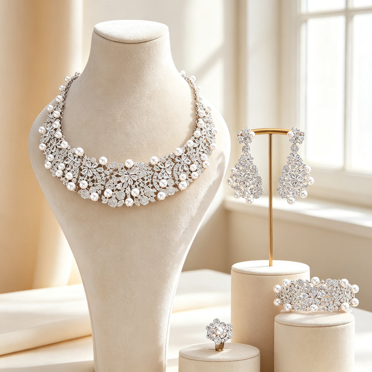 The Eclipse Wedding Suite — statement CZ collar necklace with pearls on cream velvet bust