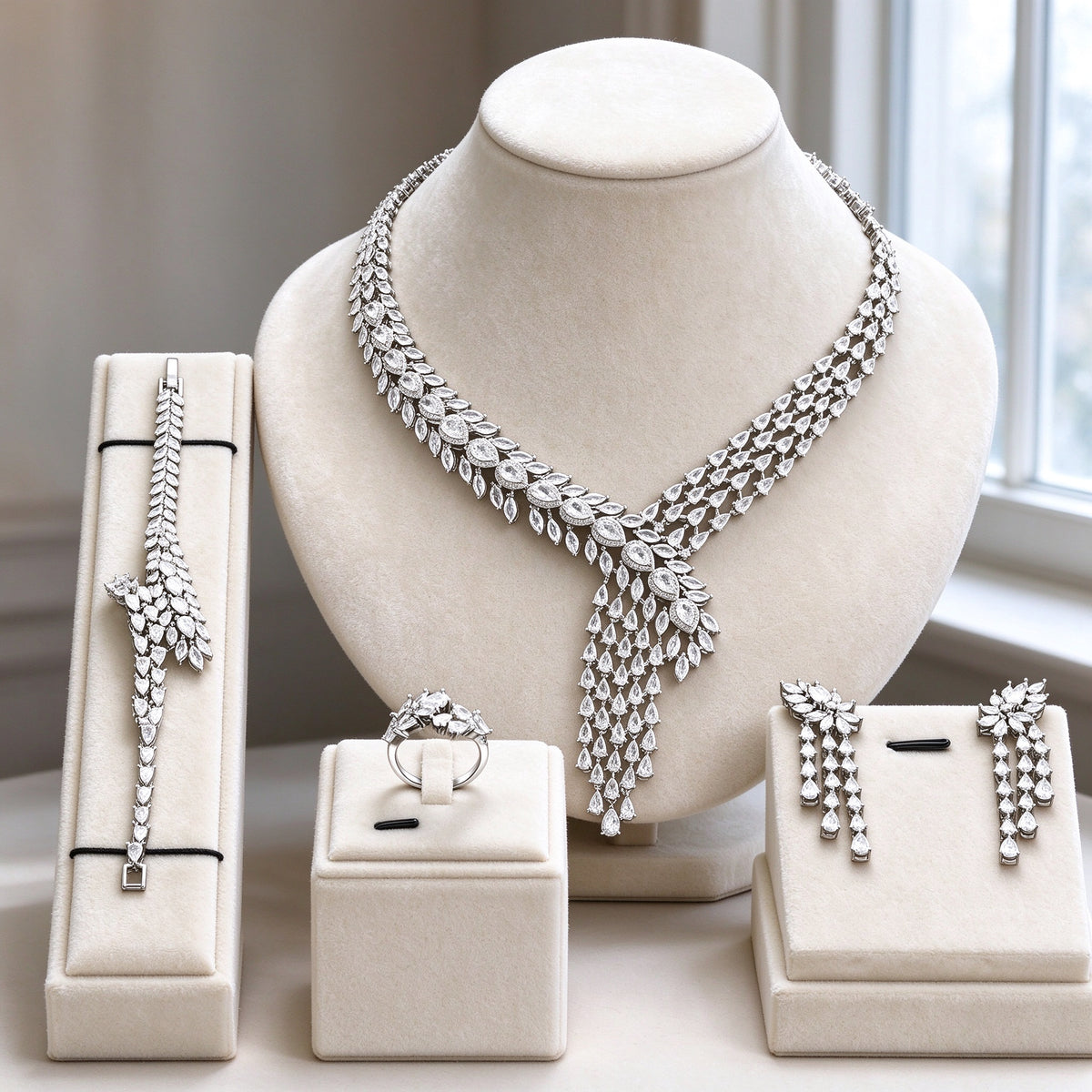 The Marigold Wedding Suite — silver-tone graduated marquise and pear CZ V-necklace with tassel fringe, chandelier earrings, bracelet and ring on ivory velvet