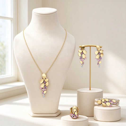 The Aurelia Bridal Set – gold-tone pebble petal necklace, earrings, bracelet and ring with pink, lavender and blue cubic zirconia on an ivory background