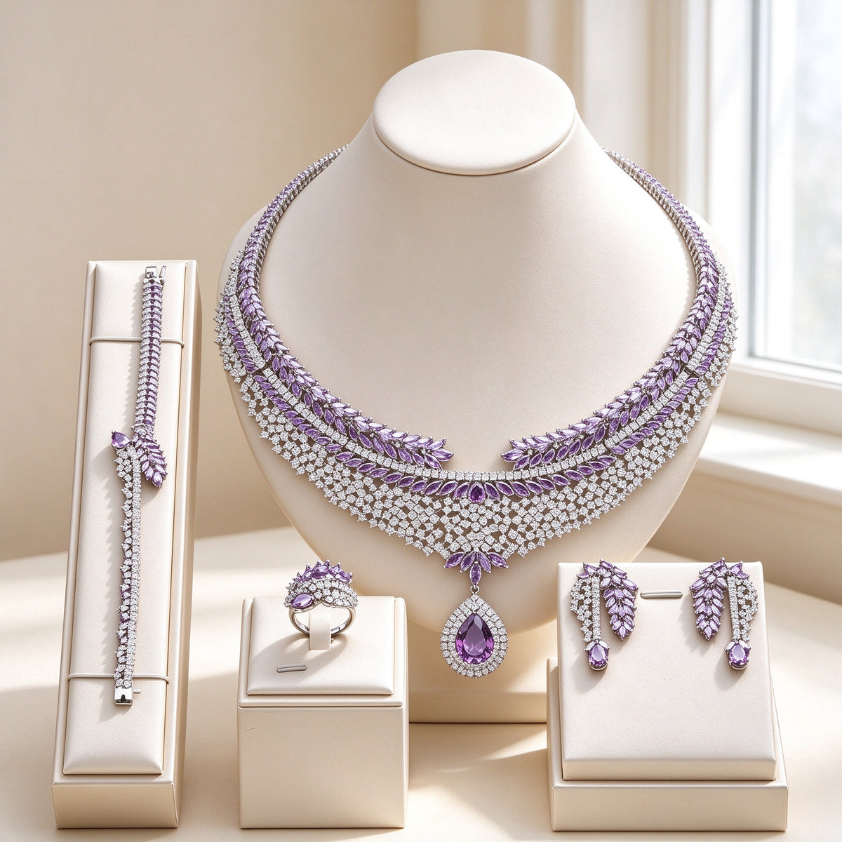 The Branch Bridal Set four-piece amethyst CZ parure on an ivory velvet bust