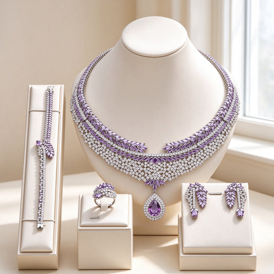 The Branch Bridal Set four-piece amethyst CZ parure on an ivory velvet bust
