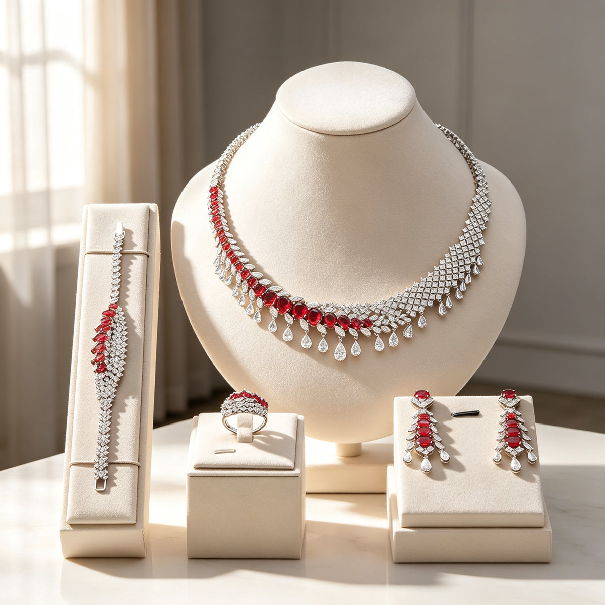 The Astra Wedding Suite ruby red CZ statement collar on cream velvet bust stand