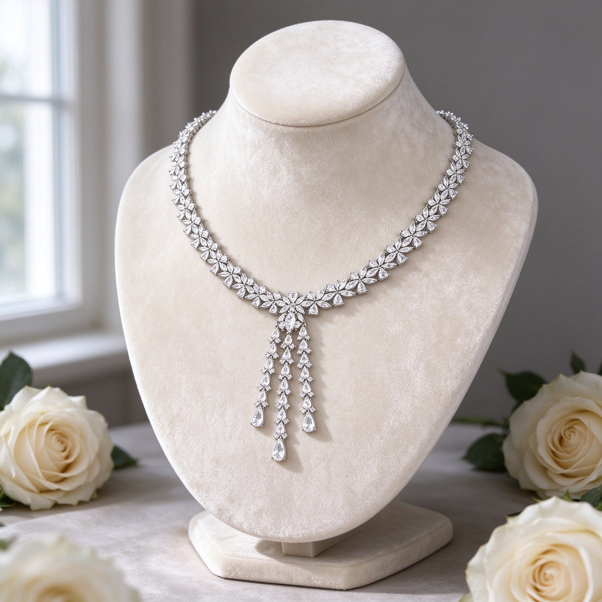 The Meadow Wedding Suite silver-tone CZ lariat necklace on a cream velvet bust