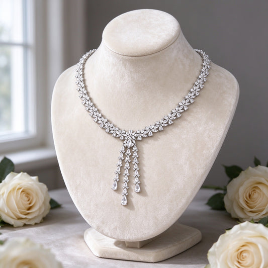 The Meadow Wedding Suite silver-tone CZ lariat necklace on a cream velvet bust