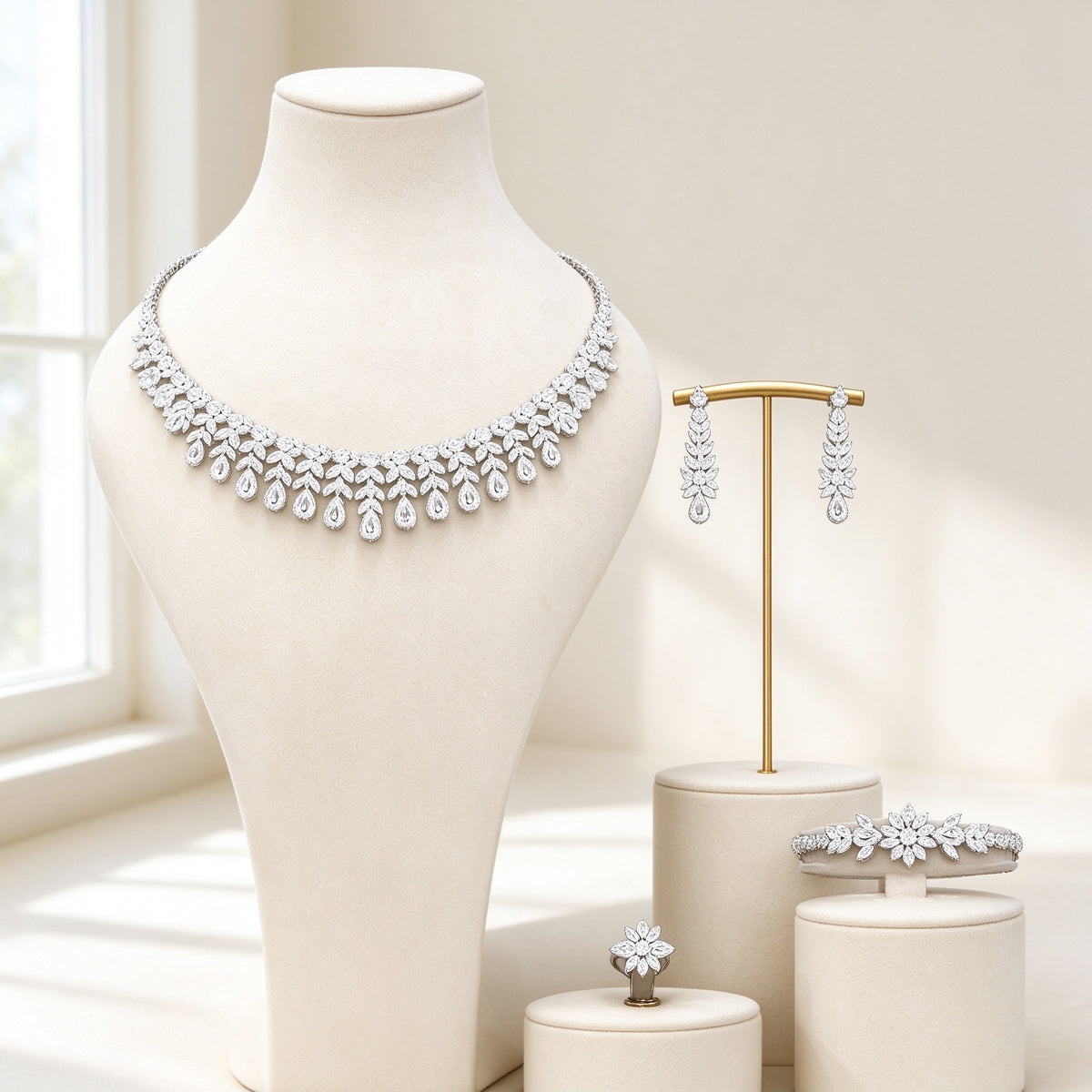 The Seraphine Bridal Set – silver-tone CZ collar necklace with teardrop fringe, linear earrings, star-flower bracelet and floral ring on an ivory background
