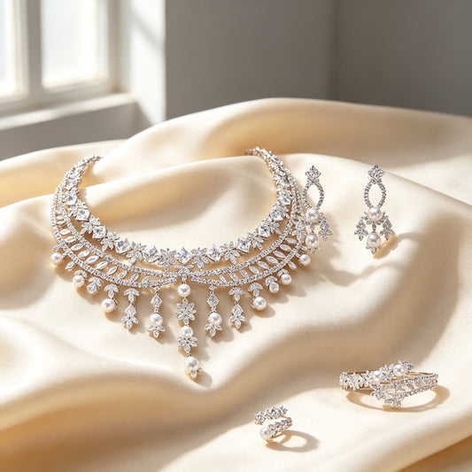 The Violet Bridal Parure four-piece pearl and CZ bridal jewelry set on ivory silk