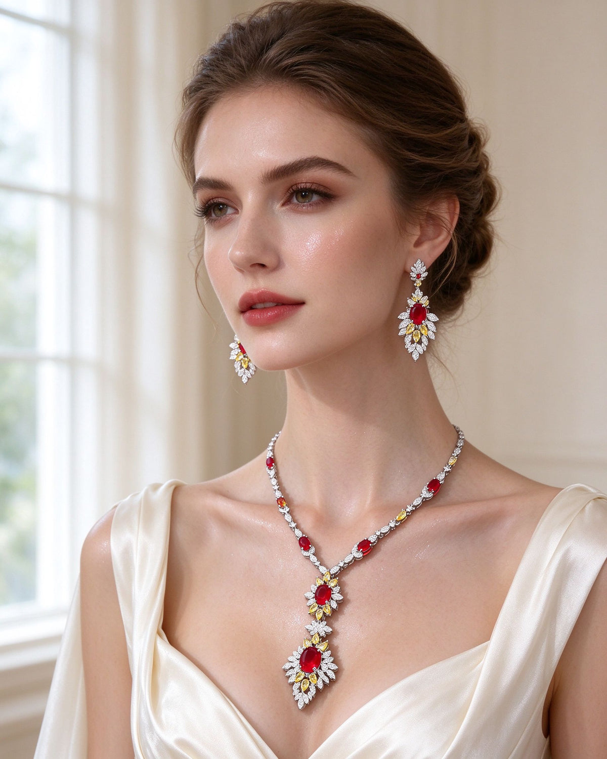 The Seed Bridal Parure — ruby-red and canary-yellow floral CZ necklace and earrings on a bride in ivory silk