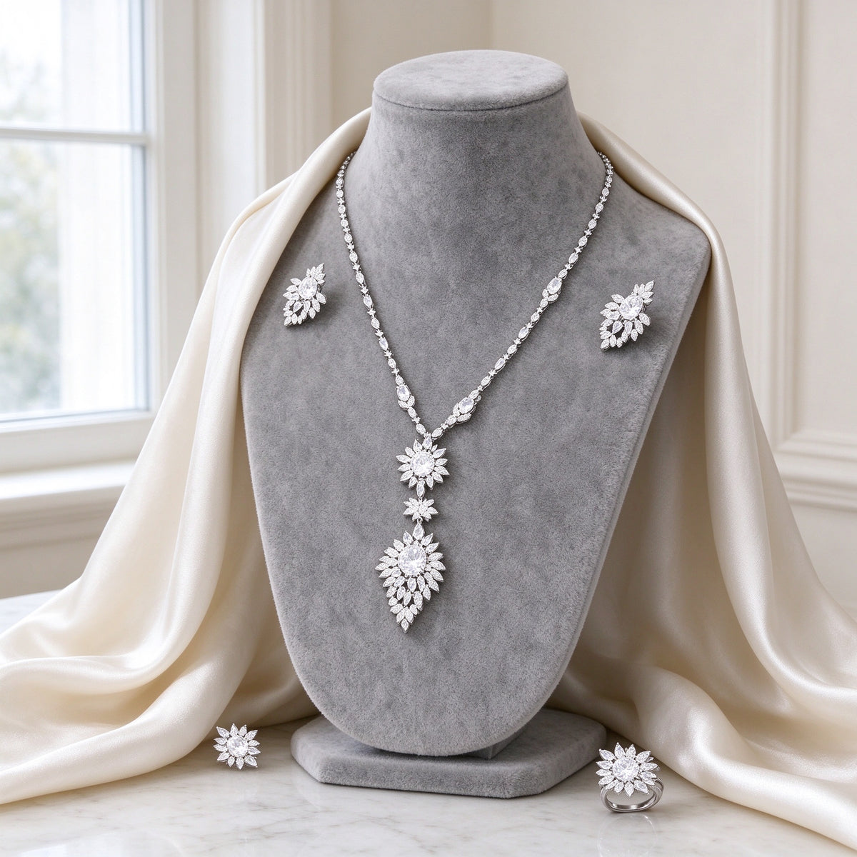 The Iris Crystal Parure silver-tone Y-drop floral CZ necklace on warm grey velvet bust