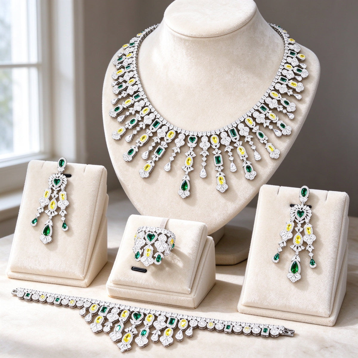 The Dahlia Crystal Parure — silver-tone haloed colored-stone collar necklace, chandelier earrings, bracelet and cluster ring on ivory velvet