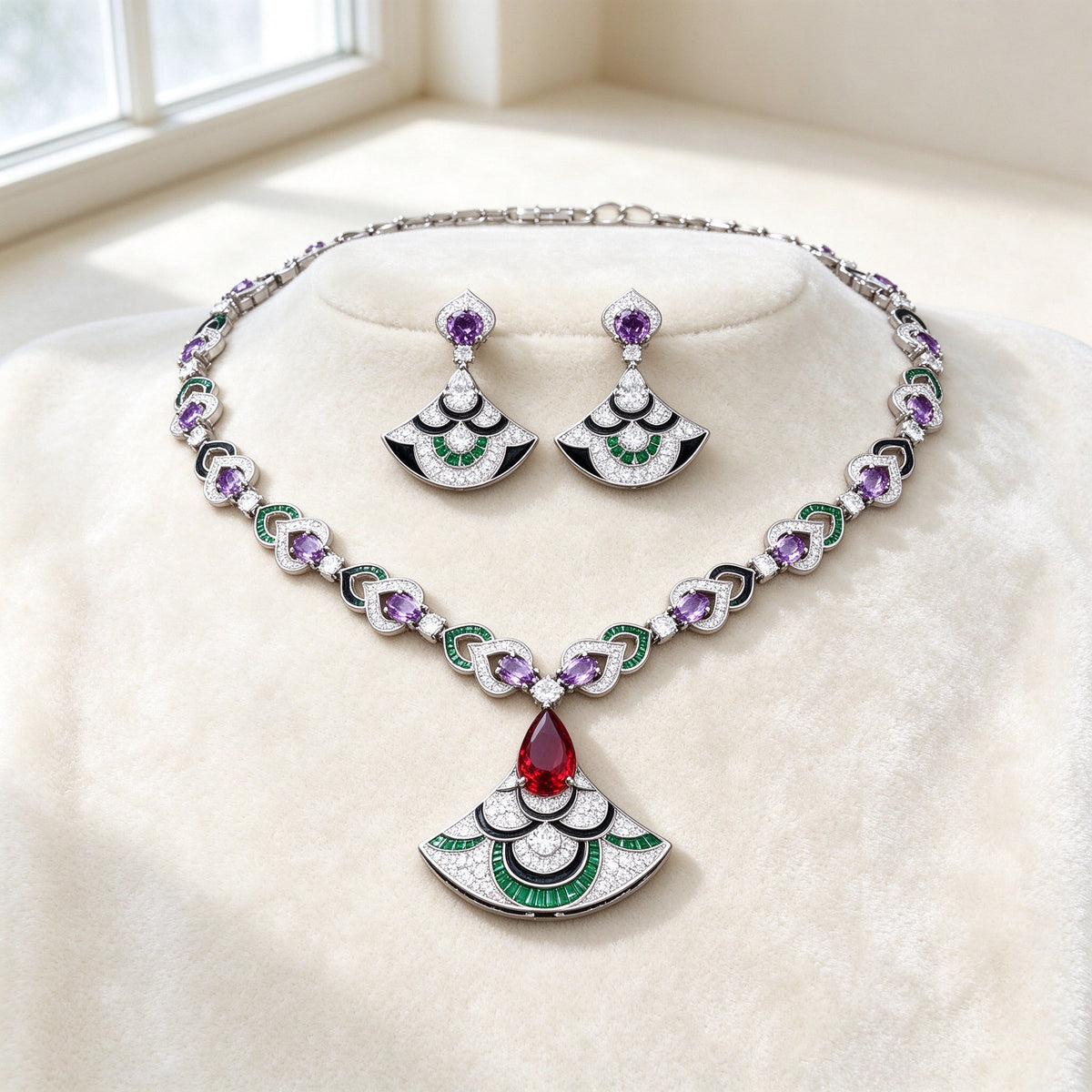The Camellia Bridal Parure — silver-tone Art Deco fan collarette necklace with amethyst-purple ovals, emerald-green arcs and ruby-red teardrop fan pendant, matching drop earrings on ivory velvet