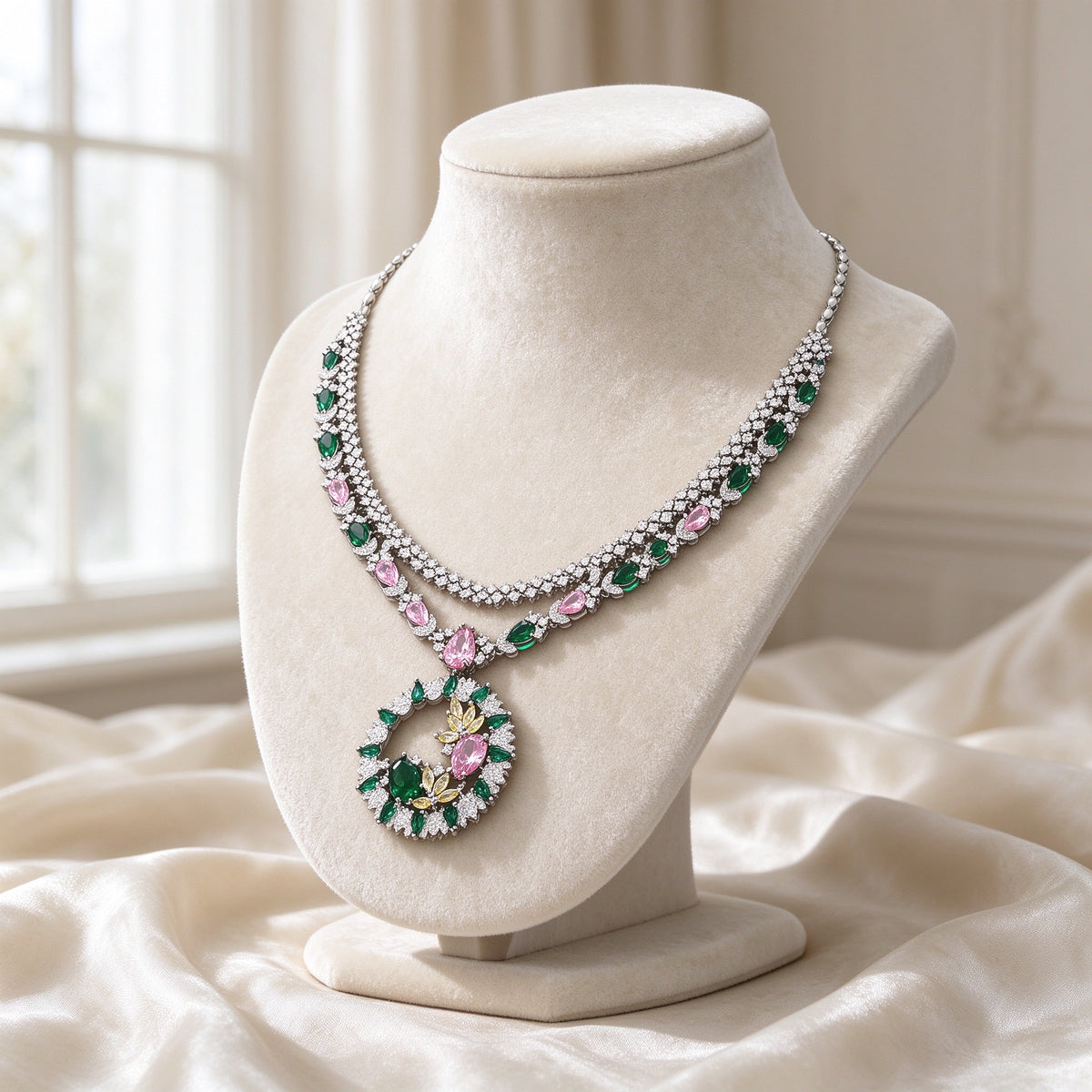 The Hazel Wedding Suite silver-tone emerald, pink and yellow CZ statement set on an ivory velvet bust