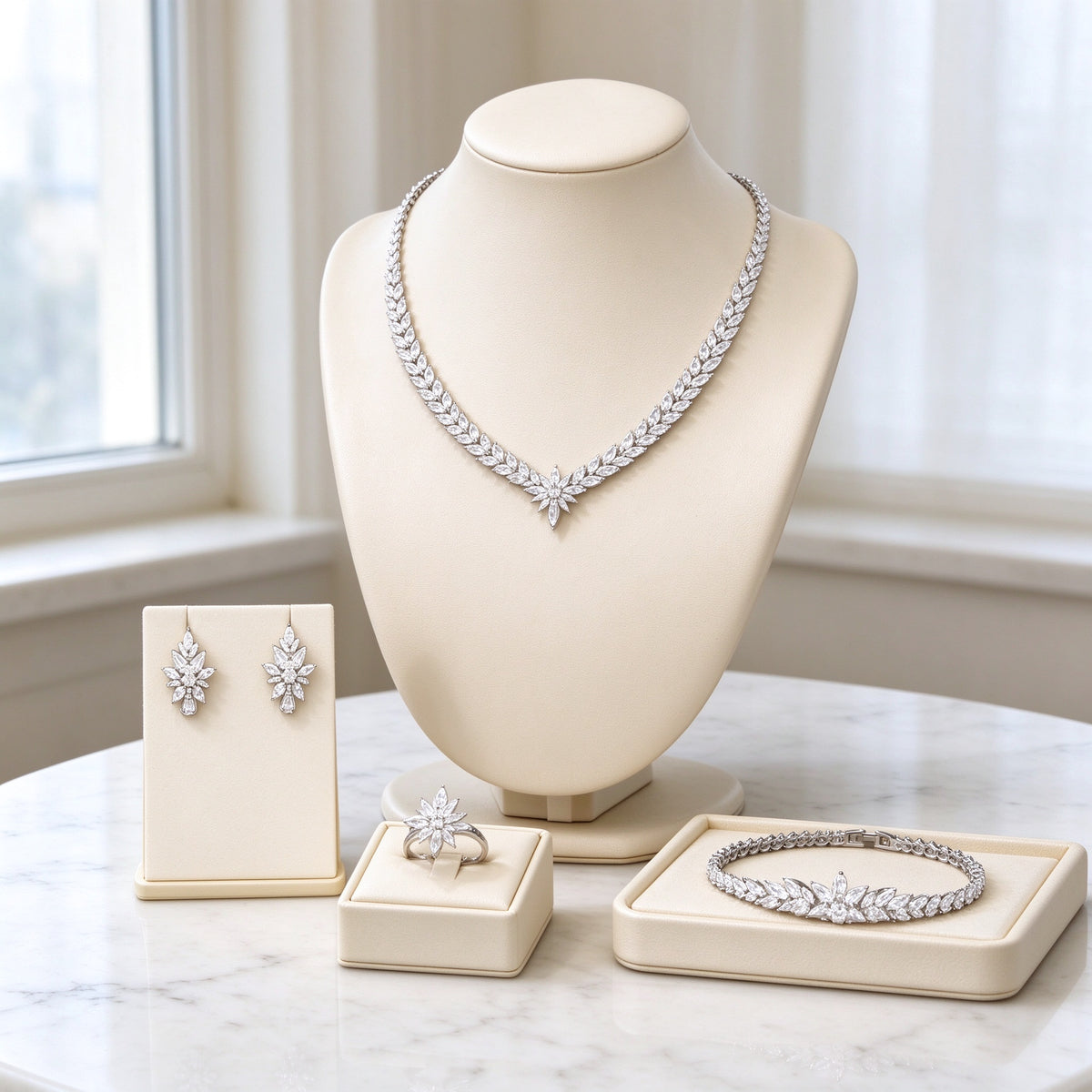 The Coronet Bridal Set silver-tone marquise CZ leaf V-collar necklace, cluster drop earrings, starburst ring and leaf tennis bracelet on ivory leather bust over white marble
