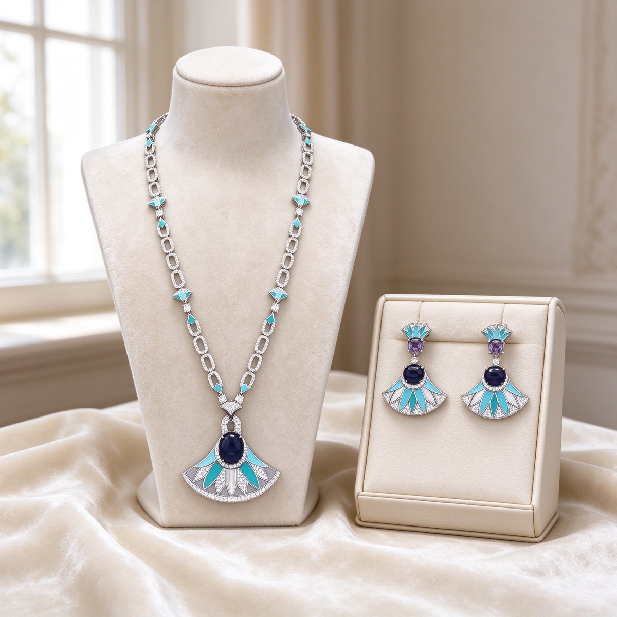 The Starlight Bridal Parure — long Art Deco fan pendant necklace with turquoise enamel and navy cabochon, plus matching earrings in ivory styling