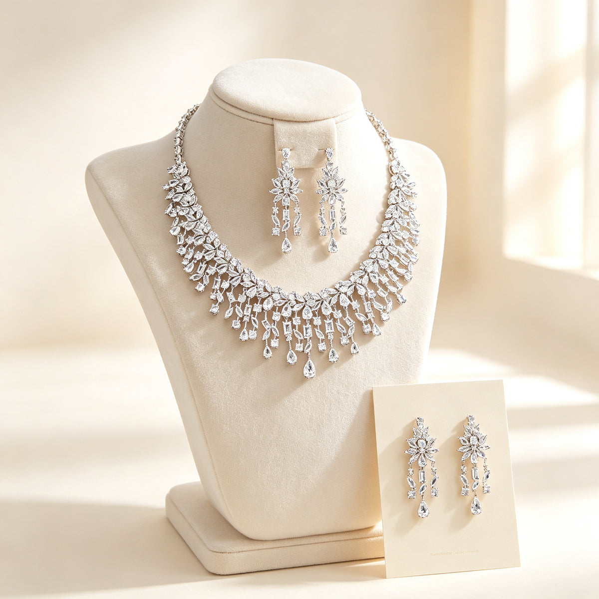 The Vivienne Bridal Parure — silver-tone cascading marquise and pear CZ fringe bib necklace with chandelier drop earrings on an ivory velvet bust