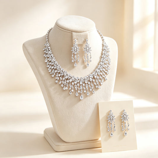 The Vivienne Bridal Parure — silver-tone cascading marquise and pear CZ fringe bib necklace with chandelier drop earrings on an ivory velvet bust