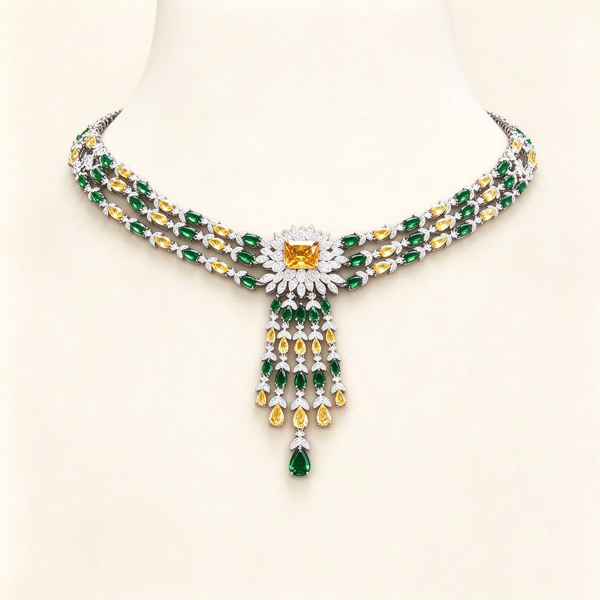 The Morgan Bridal Set – silver-tone pavé CZ sunburst flower collar necklace with tassel fringe on ivory