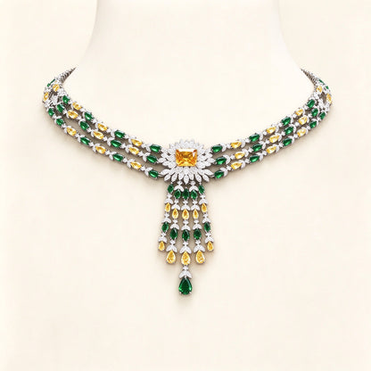 The Morgan Bridal Set – silver-tone pavé CZ sunburst flower collar necklace with tassel fringe on ivory