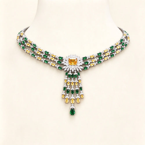 The Morgan Bridal Set – silver-tone pavé CZ sunburst flower collar necklace with tassel fringe on ivory