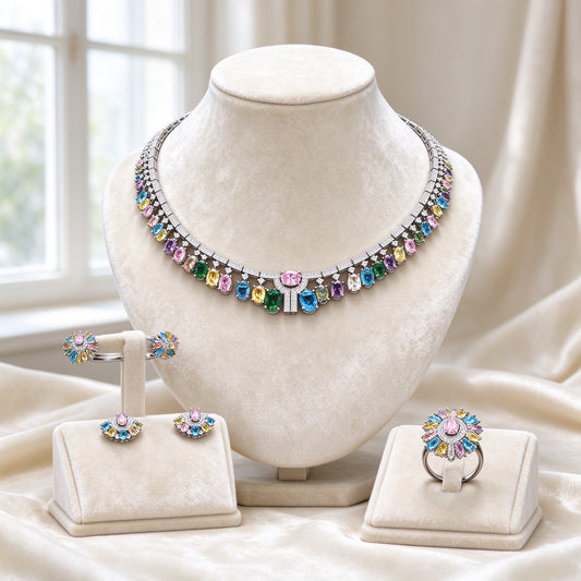 The Willow Wedding Suite — multicolor CZ bridal jewelry set on cream velvet bust