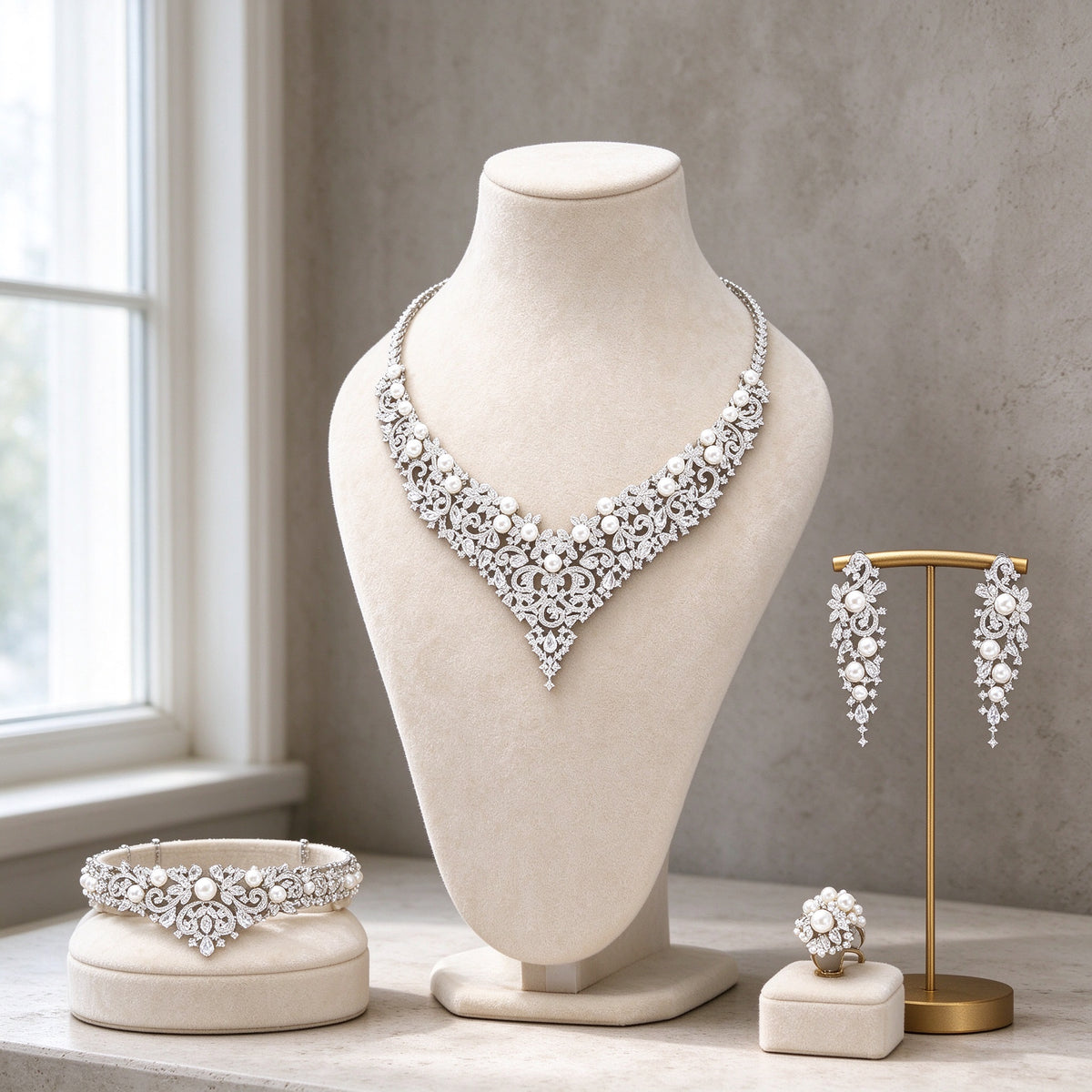 The Grain Bridal Set — silver-tone V-neck filigree CZ and pearl necklace with matching earrings, bracelet and ring on cream velvet bust