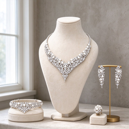 The Grain Bridal Set — silver-tone V-neck filigree CZ and pearl necklace with matching earrings, bracelet and ring on cream velvet bust