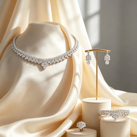 The Rose Crystal Parure four-piece CZ bridal jewelry set draped on ivory silk