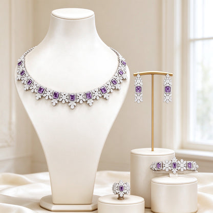The Storm Wedding Suite silver-tone collar necklace with amethyst rectangular CZ on ivory bust
